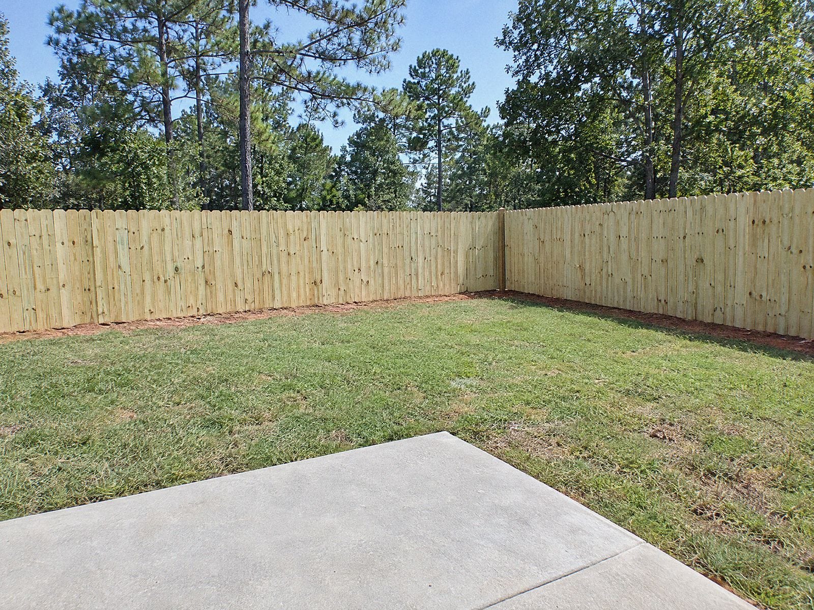 Wood privacy fence around a backyard lawn, seen from the edge of a concrete patio